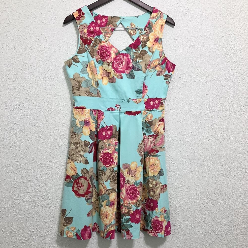 Tiana B Mint Aqua Floral Rose Fit Flare Midi Dress Sleeveless Sz 12
